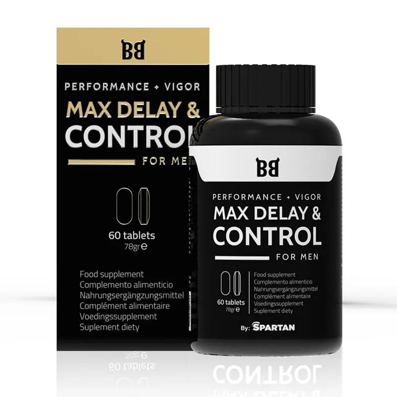 Flacon noir de compléments alimentaires pour hommes, MAX DELAY & CONTROL, performance et endurance, 60 comprimés.