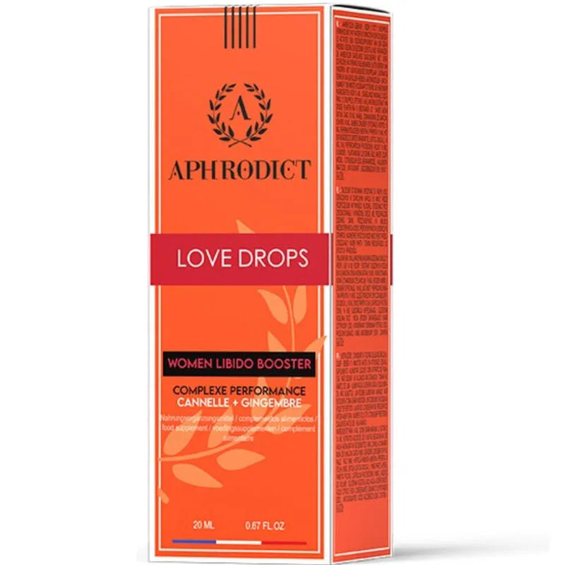 Flacon orange de 20ml Booster Libido Naturel, extraits de plantes, format nomade, dosage 5-7 gouttes, bien-être intime.