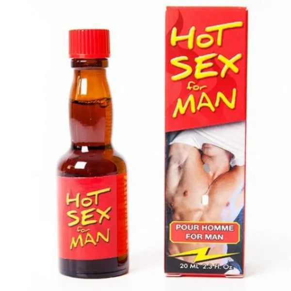 Flacon marron de complément aphrodisiaque naturel pour homme, étiquette rouge Hot Sex for Man, 20 ml.