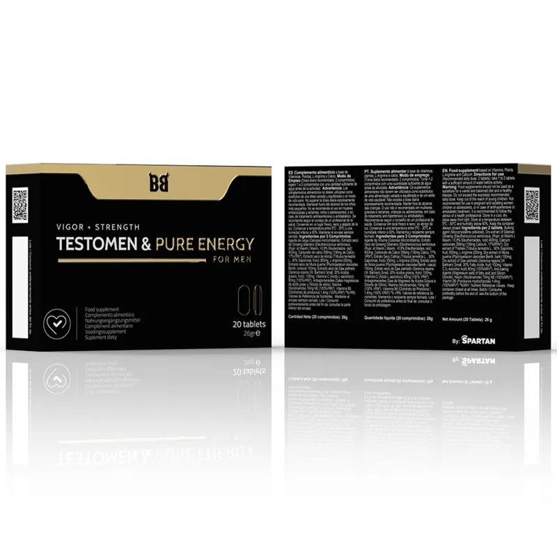 Boîte noire et dorée de compléments alimentaires pour hommes, Testomen & Pure Energy, avec tribulus, maca, ginseng, zinc.