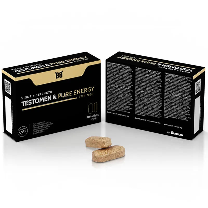 Boîte noire de compléments alimentaires pour hommes, Testomen & Pure Energy, avec comprimés beige, vitalité et performance.