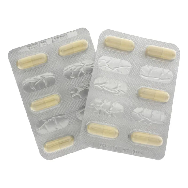 Blister de capsules beige de complément libido féminine Muira Puama, aphrodisiaque naturel, vitalité et énergie.