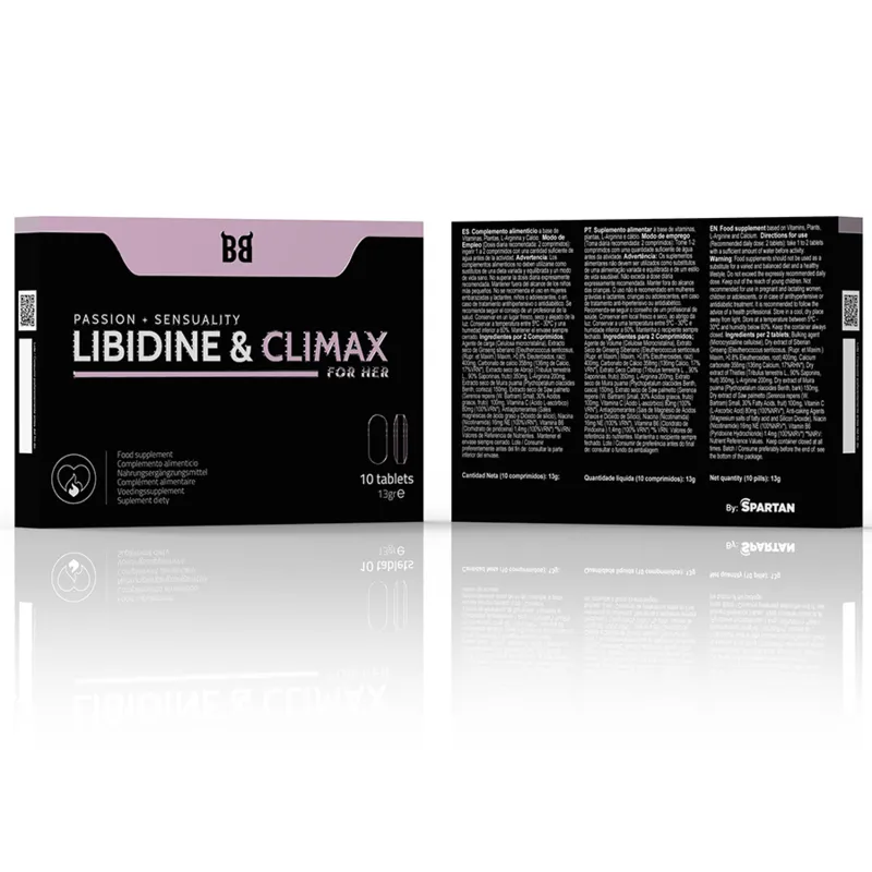 Boîte noire et rose de Libidine & Climax, complément naturel pour libido féminine, ménopause, équilibre hormonal.
