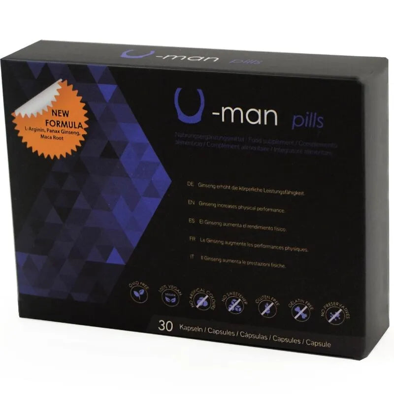 Boîte noire de compléments U-Virility Pills, texte doré, 30 capsules, amélioration masculine, flux sanguin, pipérine.