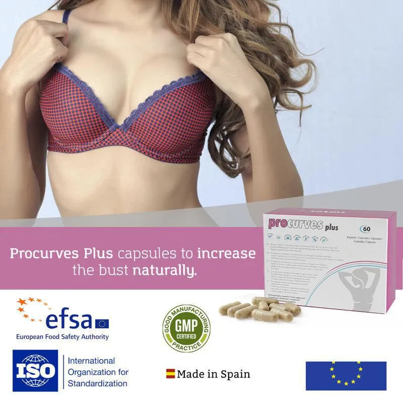 Boîte de compléments naturels pour augmentation poitrine, avec capsules beige, logo ISO, drapeau européen, fond blanc.