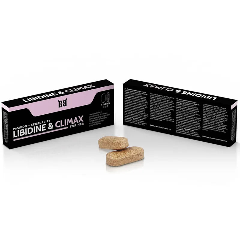 Boîte noire de compléments Libidine & Climax pour libido féminine, avec deux comprimés ovales beige en avant-plan.
