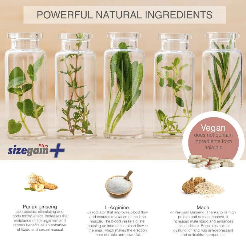 Flacons d'ingrédients naturels pour SizeGain Plus, complément masculin, avec ginseng, L-arginine et maca, sur fond blanc.