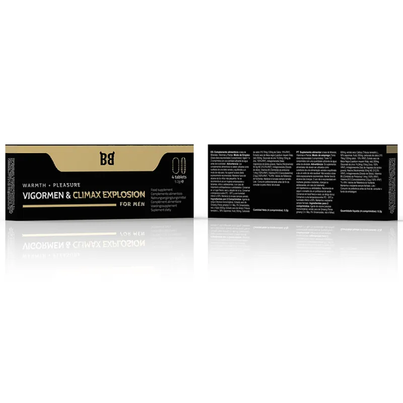 Boîte noire et dorée de Vigormen & Climax Explosion, complément masculin pour érection ferme et désir accru.