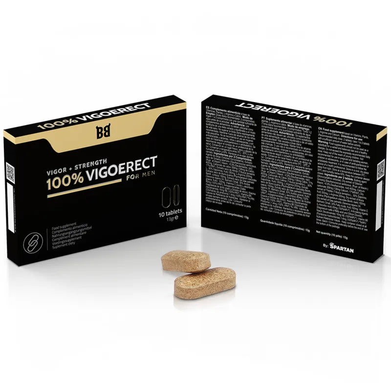 Boîte noire Vigoerect avec comprimés, amélioration érection hommes 30+, ingrédients naturels ginseng maca, 10 comprimés.