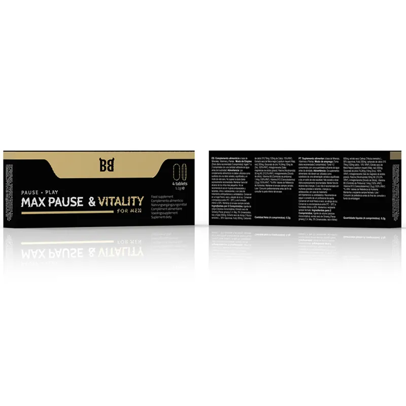 Boîte noire et dorée de Max Pause & Vitality, complément naturel retardant éjaculation avec Tribulus et L-arginine.