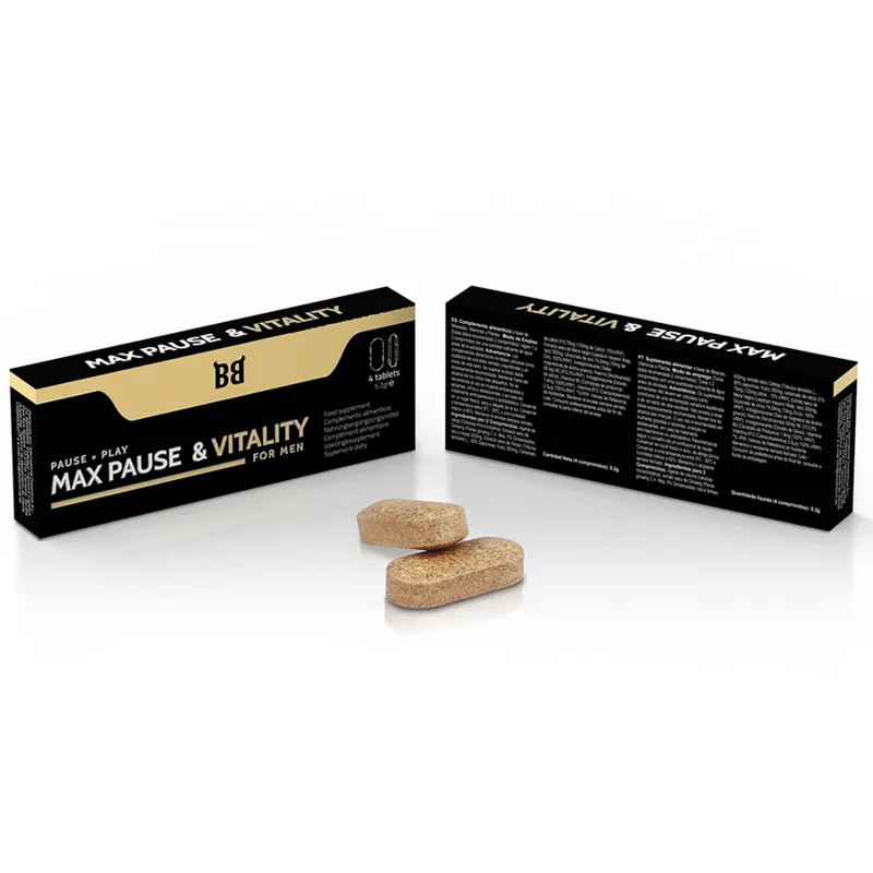 Boîte noire Max Pause & Vitality avec comprimés naturels pour performance masculine, tribulus et arginine, sur fond blanc.