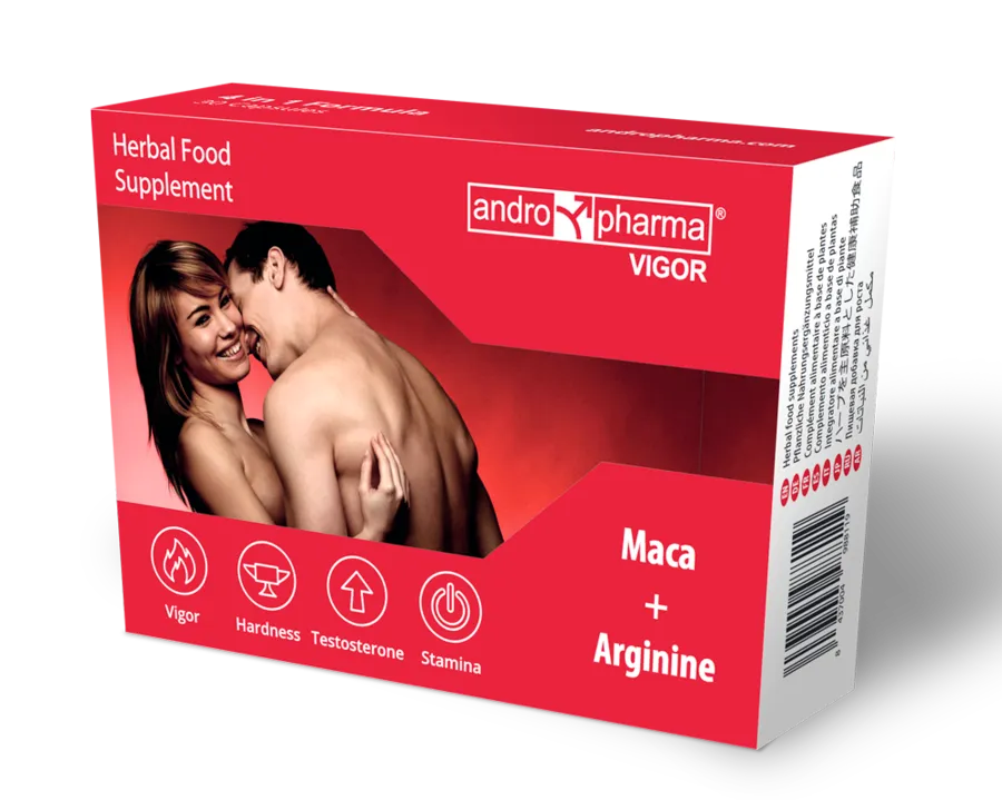 Boîte rouge de complément Andropharma Vigor, stimulant libido masculine naturel avec maca, ginseng et zinc.
