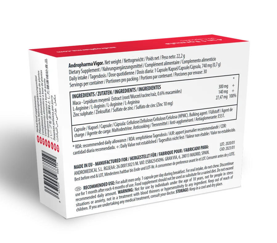 Boîte de complément Andropharma Vigor, rouge et blanche, ingrédients naturels pour libido masculine, maca, ginseng.
