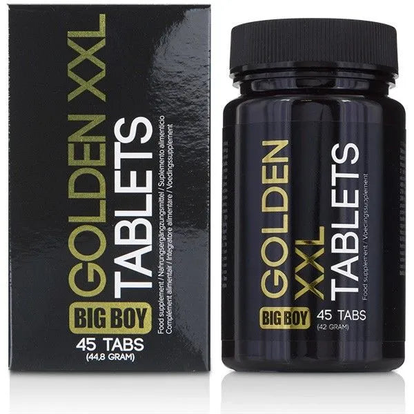 Boîte noire et flacon de comprimés naturels pour amélioration érection masculine, Golden XXL, 45 comprimés.