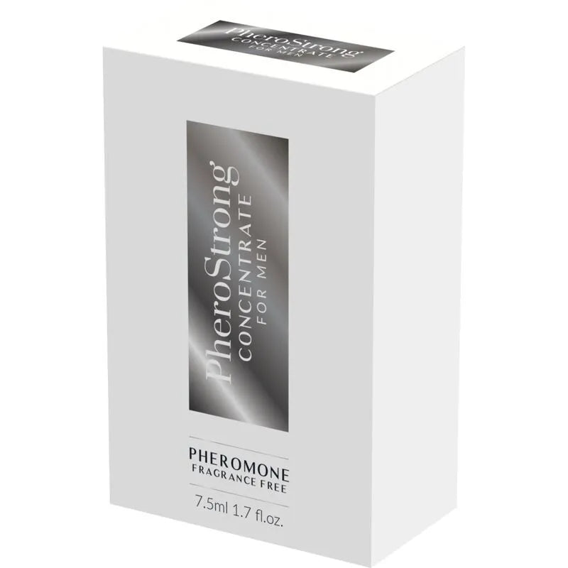 Boîte blanche de concentré de phéromones pour hommes, design élégant, sans parfum, 7.5ml, amplifie attraction et confiance.