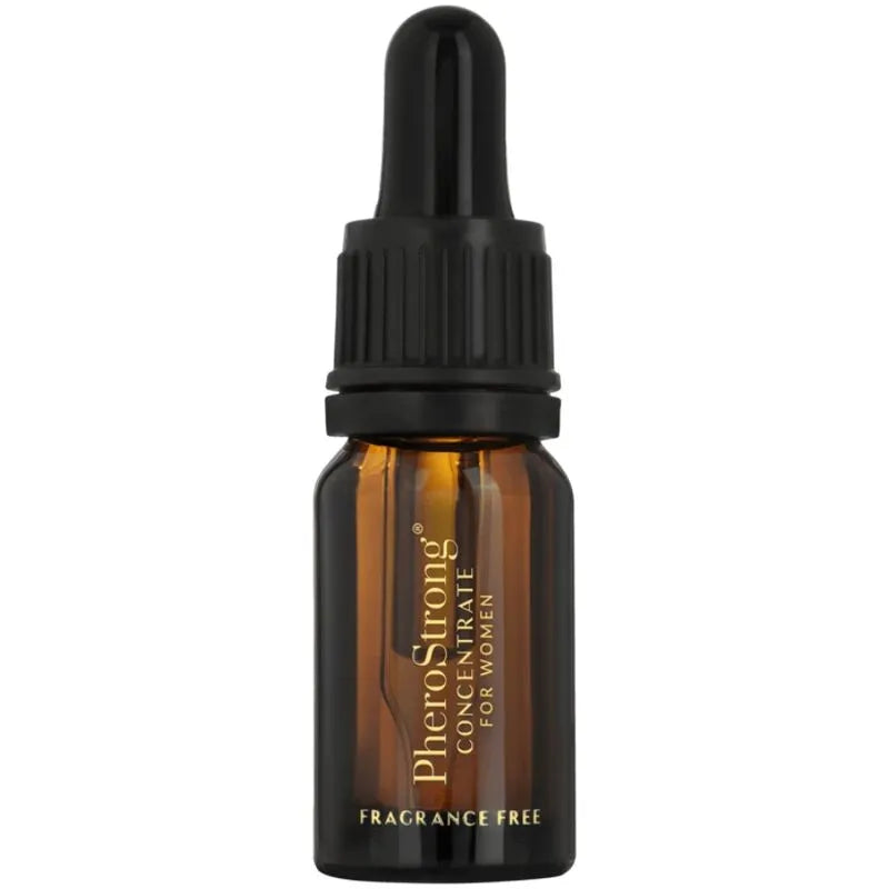 Flacon marron de concentré de phéromones sans parfum pour femmes, bouchon noir, texte doré, attractivité sociale.