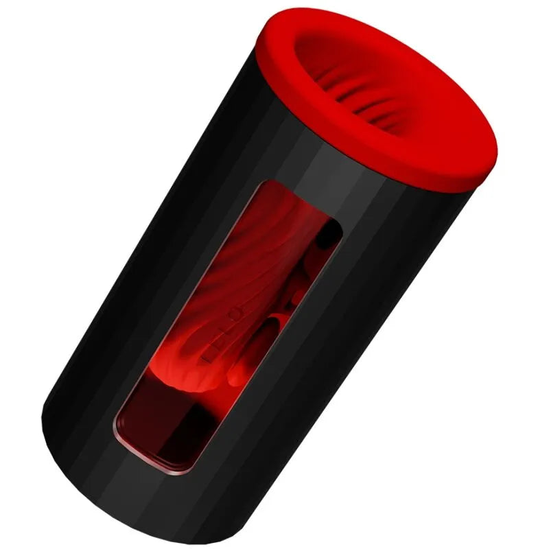 Console de plaisir connectée noire et rouge, silicone liquide, forme cylindrique, fenêtre transparente, double moteurs.