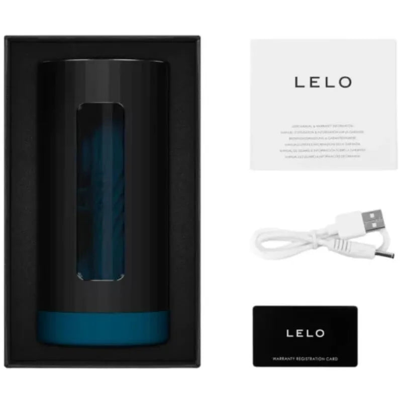 Console de plaisir connectée noire et bleue, silicone luxe, avec câble USB et carte de garantie, dans un coffret élégant.