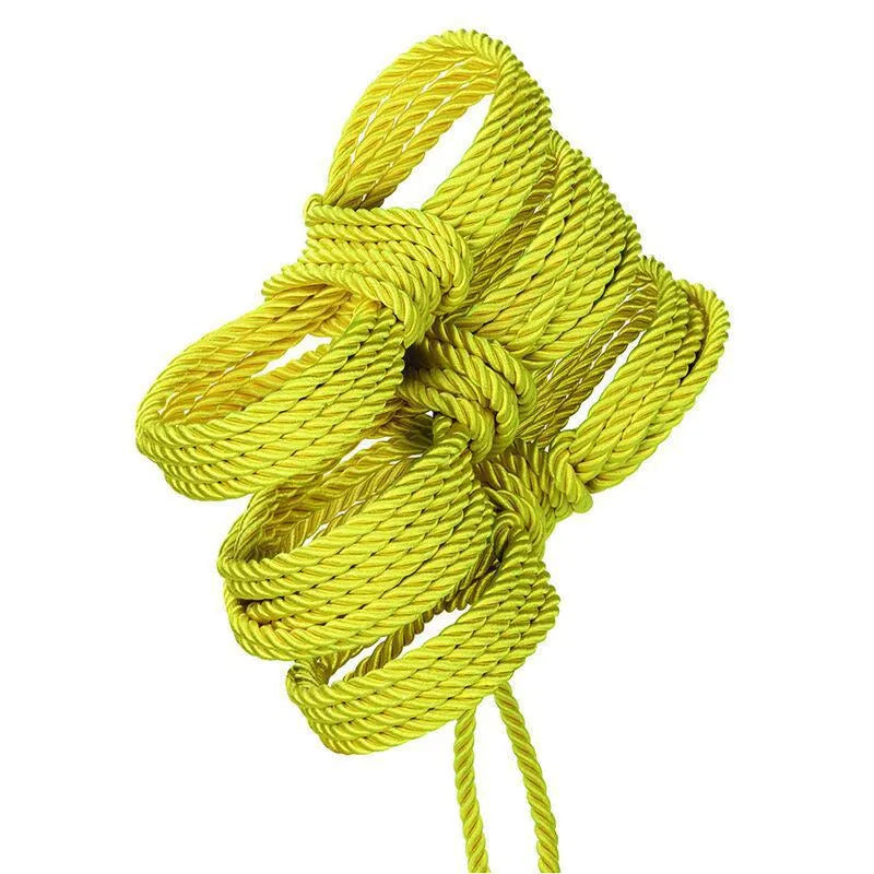Corde BDSM jaune vif en coton polyester, 1000cm, douceur et résistance, capuchons zinc sans nickel, bondage artistique.