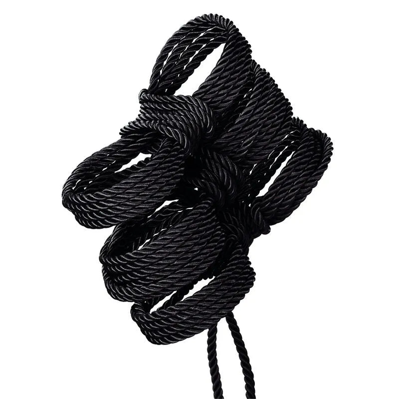 Corde BDSM noire 10m en coton polyester, texture douce, torsadée, idéale pour ligatures esthétiques et sécurisées.