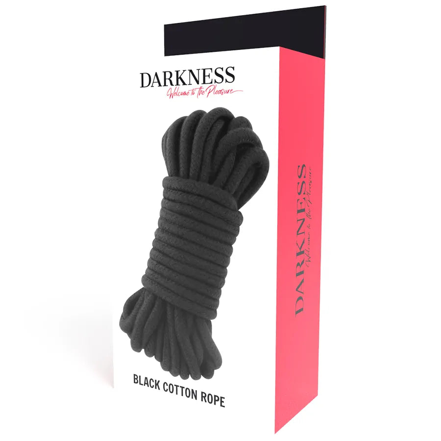 Corde bondage coton noir 10m, douce et robuste, pour jeux érotiques BDSM, dans emballage élégant.