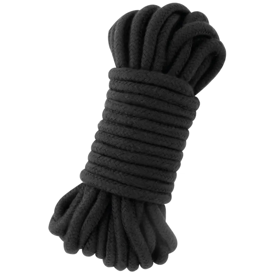Corde bondage coton noir 10m, douce et robuste, idéale pour jeux BDSM, débutants et experts, esthétique et sécurisée.