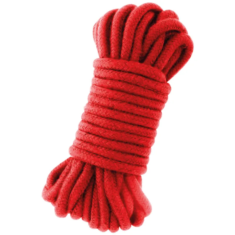 Corde bondage coton rouge 20m, douce et solide, pour jeux érotiques sécurisés, finition soignée, polyvalente.