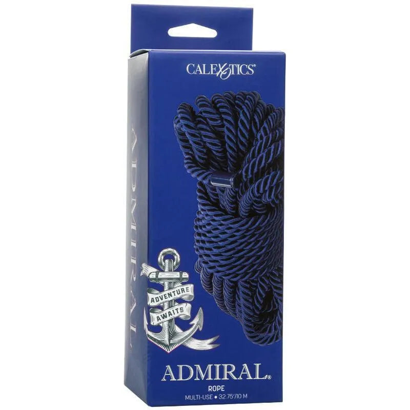 Corde bondage nylon bleu 10m, douce et résistante, idéale pour Shibari, embouts inox, boîte bleue avec logo ancre.