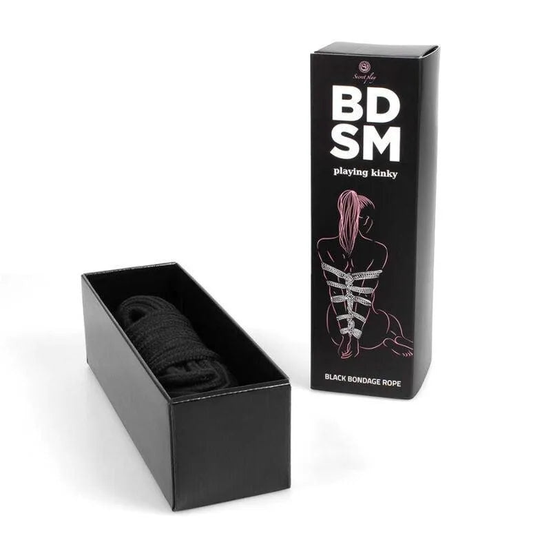 Corde shibari noire soyeuse 10m, coton-polyester, dans boîte élégante, pour bondage BDSM sécurisé et sensuel.