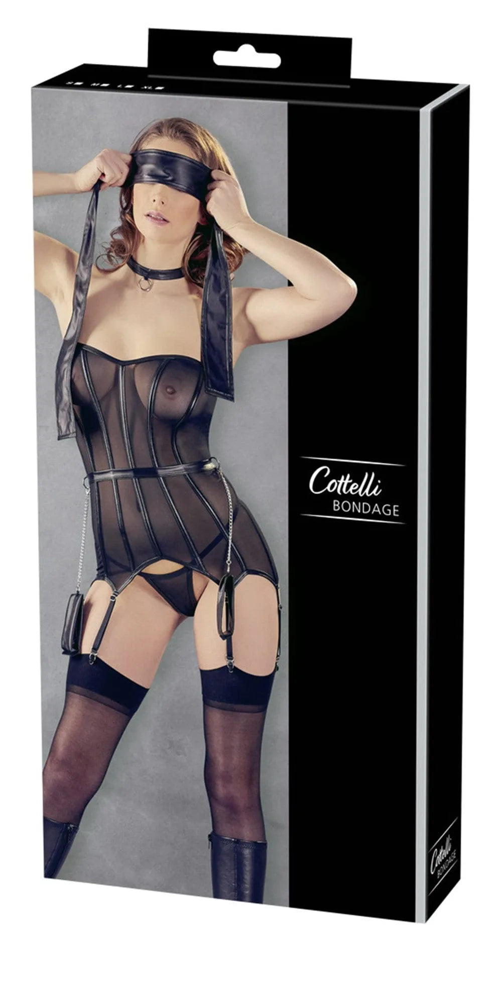 Corsage bondage noir Cottelli transparent avec armatures, six bretelles réglables, string assorti et accessoires inclus.