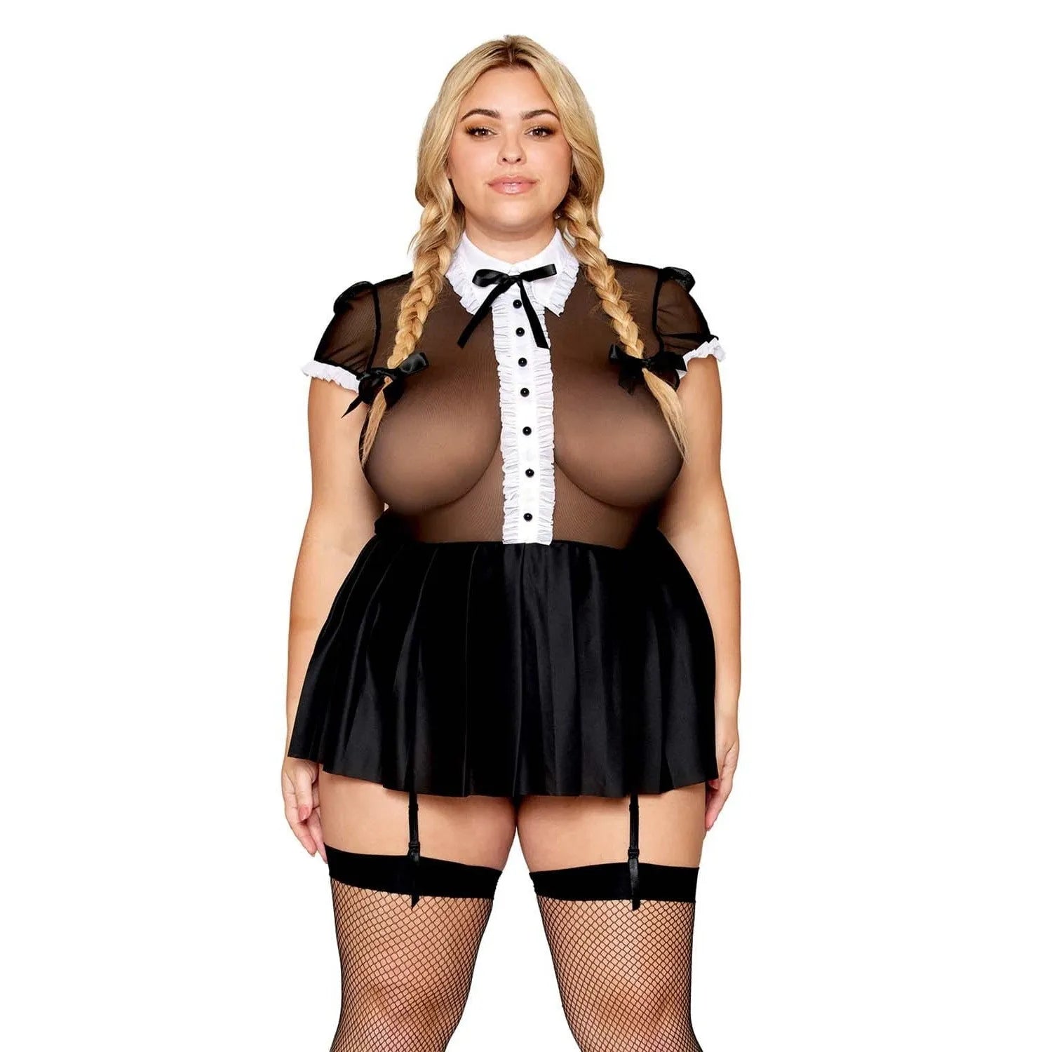 costume écolière gothique grande taille sexy résille extensible corsage col blanc froncé ruban noir jupe plissée jarretelles réglables dos nu