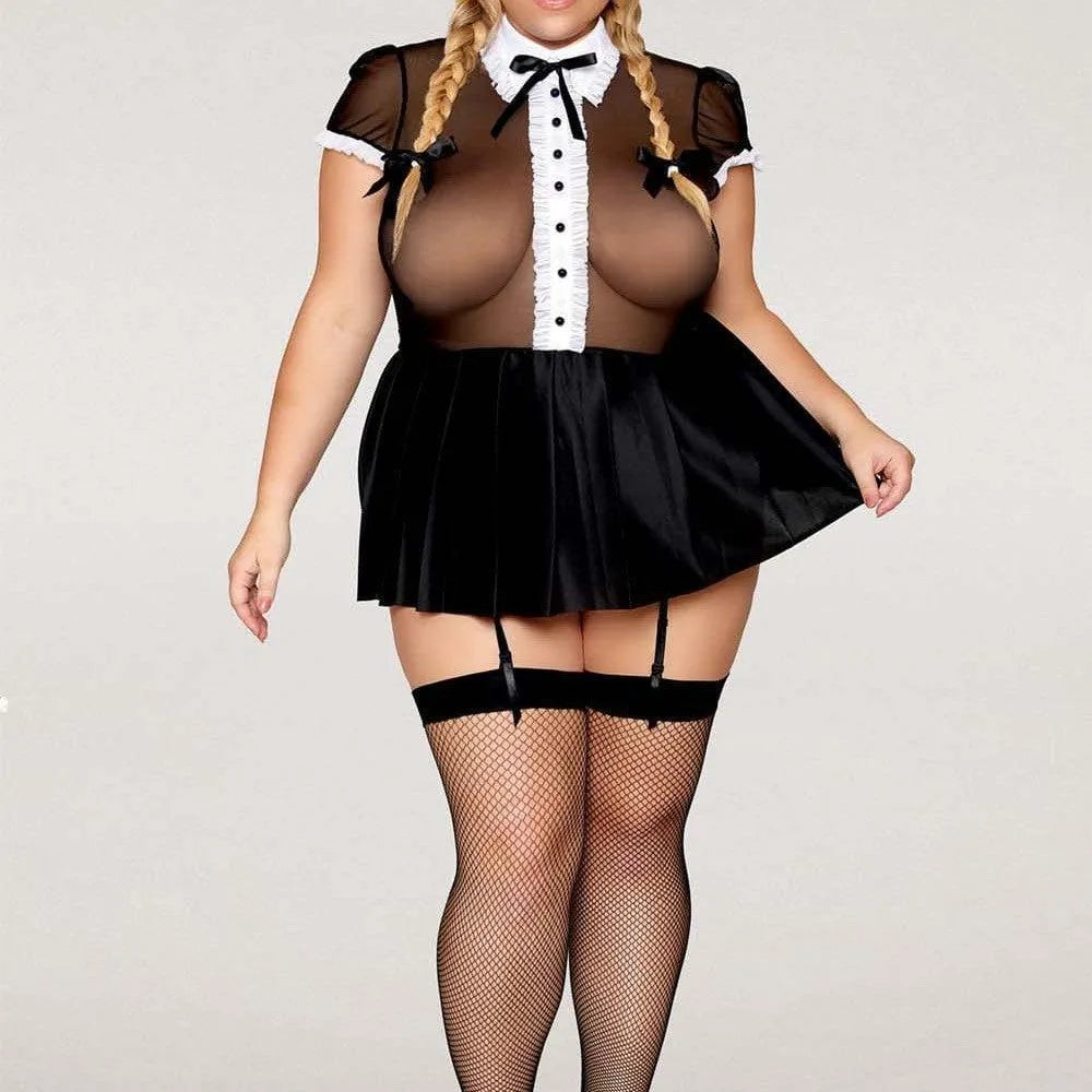 Costume écolière gothique grande taille, résille noire, col blanc, ruban noir, jupe plissée, jarretelles réglables.