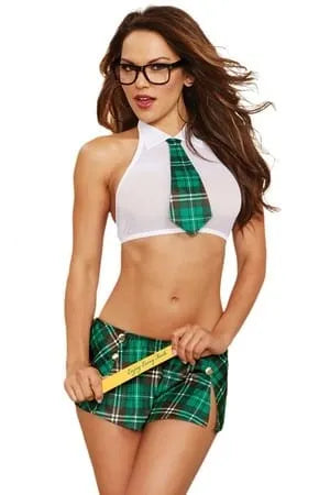 Mini jupe plissée verte, haut blanc avec cravate à carreaux verts, ruban jaune, costume écolière sexy en polyester élastha...