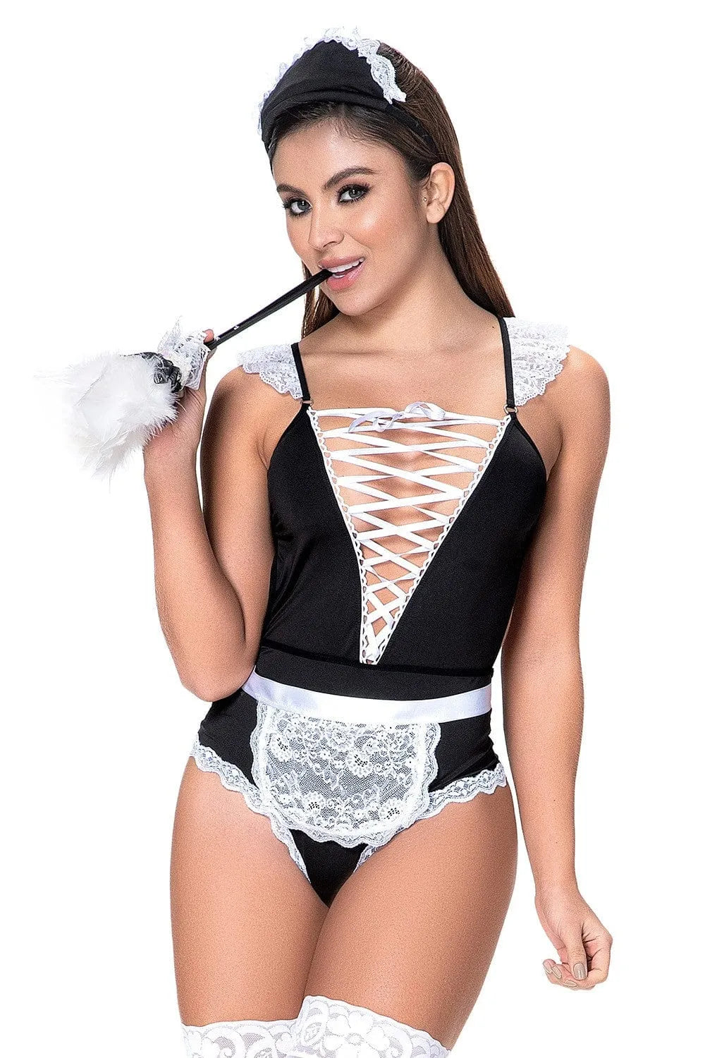 costume sexy servante dentelle délicate justaucorps détails croisés devant tablier bandeau fermeture crochet entrejambe polyester élasthanne extensible ajustement confortable silhouette