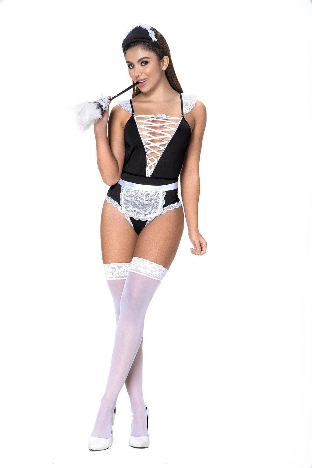 Costume servante sexy noir dentelle blanche, détails croisés, tablier et bandeau, ajustement confortable, silhouette éléga...
