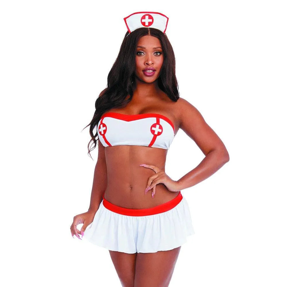 Costume infirmière sexy bandeau seins culotte tablier coiffe extensible polyester élasthanne confortable moulant ajustable unique fêtes jeux rôle séduisant femme
