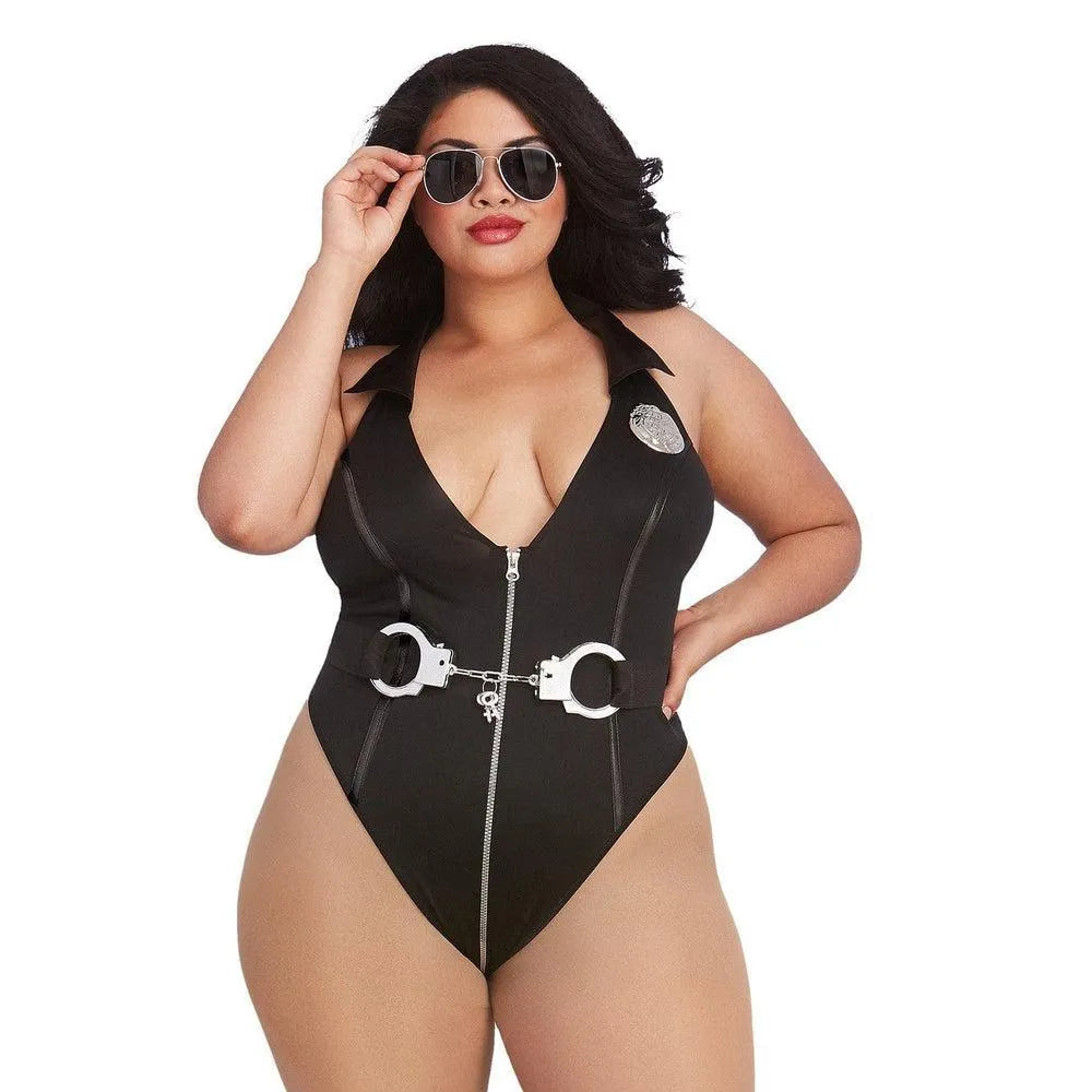 Costume Policière Grande Taille Extensible Maille Confortable Flatteur Fermeture Glissière Fonctionnelle Dos String Ceinture Élastique Menottes Amovibles Lunettes Badge
