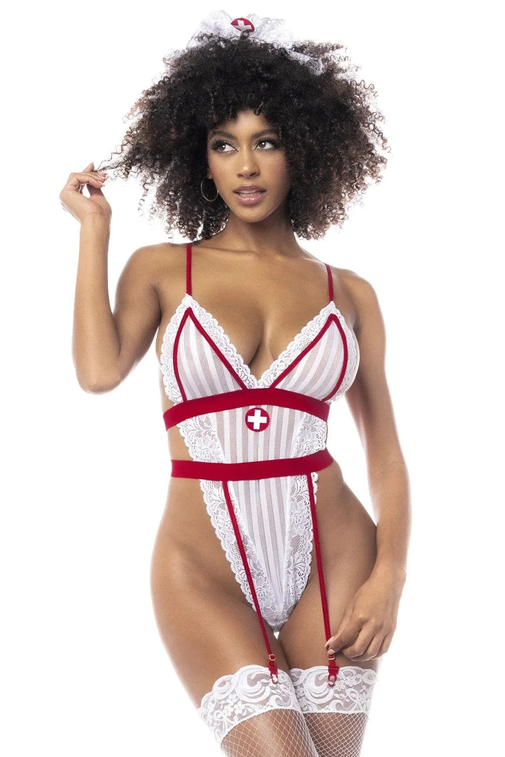costume infirmière body blanc échancré rayé bonnets souples sangle élastique bretelles ajustables jarretelles avant attachées serre tête dentelle séduisant
