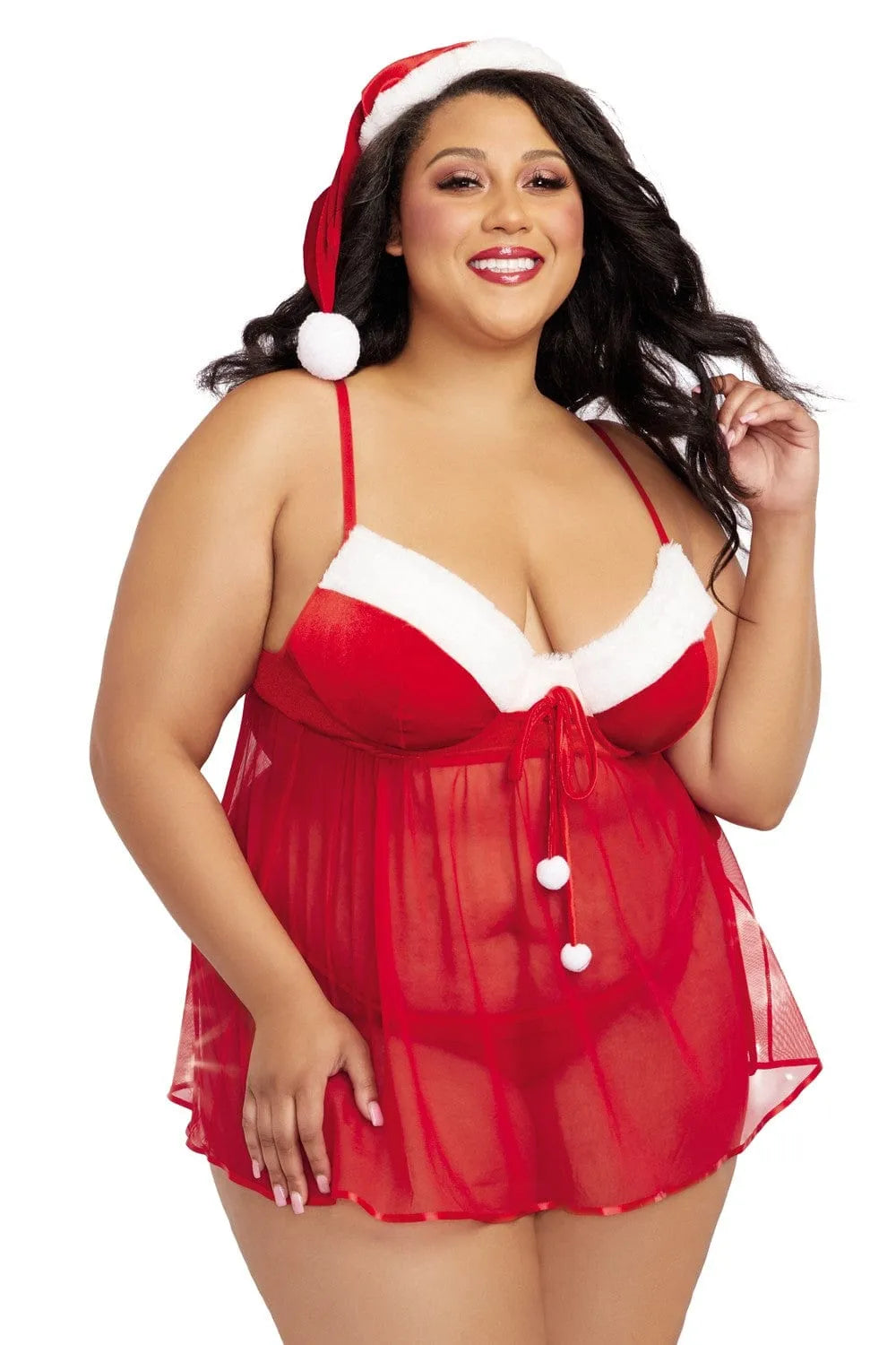 Costume sexy Mère Noël grande taille rouge nuisette pompons string assorti bonnet fausse fourrure polyester élasthanne glamour festif