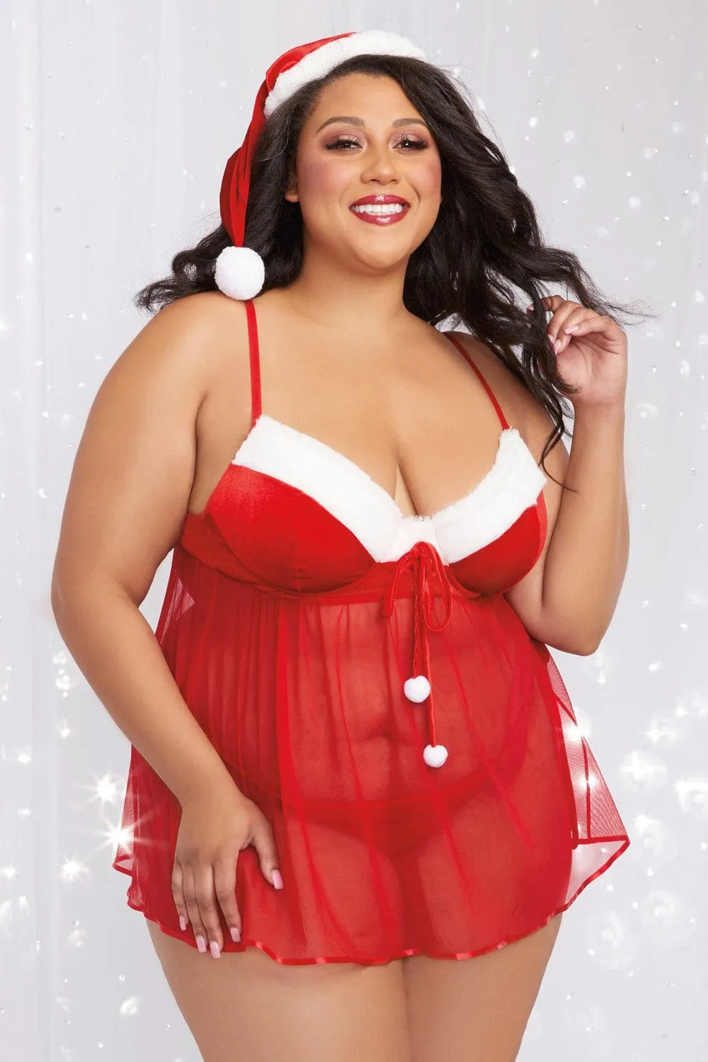 Costume sexy Mère Noël grande taille rouge en polyester avec pompons, string assorti et bonnet fausse fourrure.