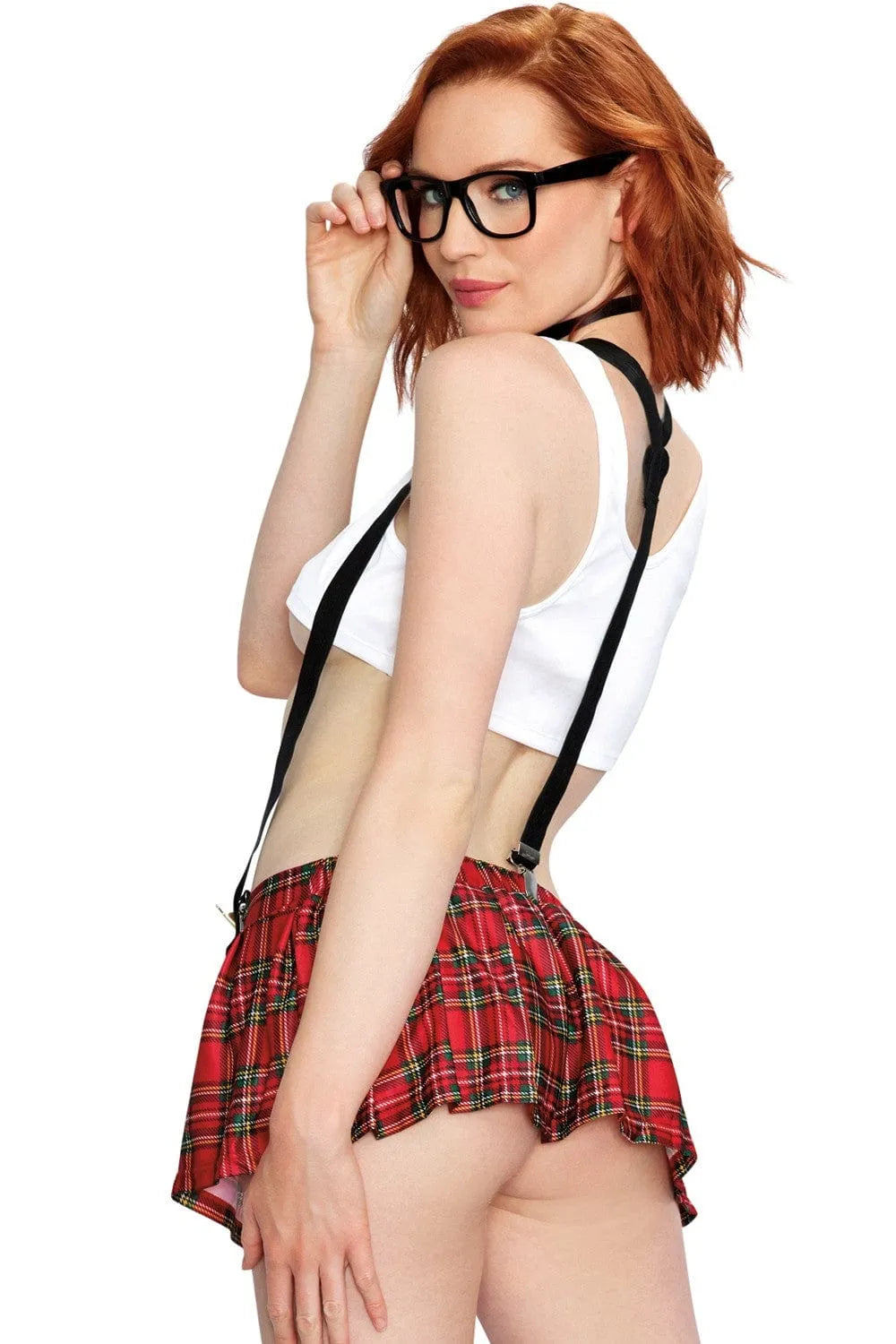 Costume écolière sexy 5 pièces: mini-jupe écossaise, top court noir, polyester extensible, lunettes fausses.