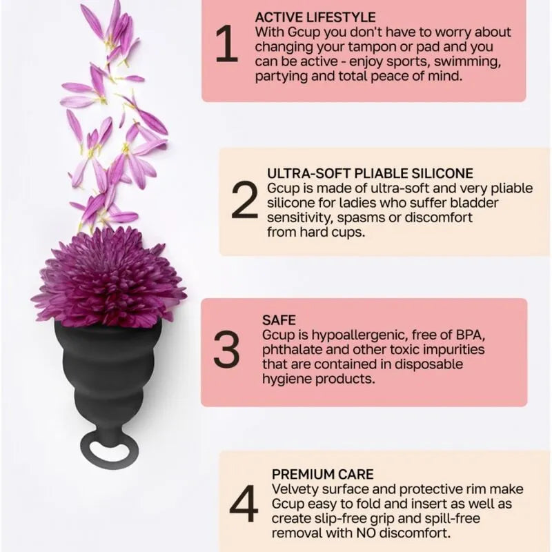Coupe menstruelle noire en silicone avec clapet anti-retour, design lisse et forme en cloche, fleurs violettes en arrière-...