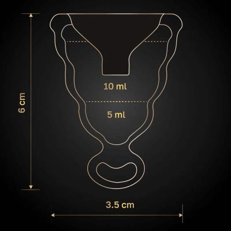 Coupe menstruelle silicone avec clapet anti-retour, forme en cloche, graduations 5-10ml, dimensions 6x3.5cm, fond noir.
