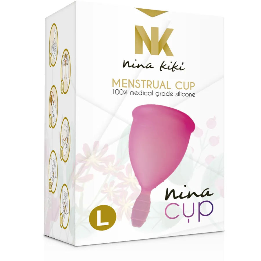 Coupe menstruelle rose en silicone médical taille L, écologique, sur fond de boîte illustrée, capacité 30 ml, tenue 12h.