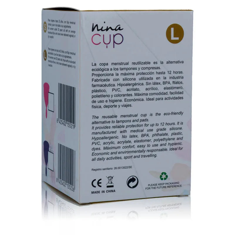 Coupe menstruelle silicone médical taille L, 30 ml, réutilisable, écologique, stérilisable, boîte blanche et rose.