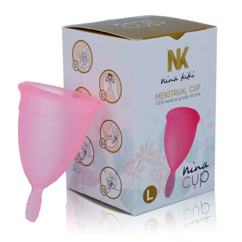 Coupe menstruelle rose en silicone médical taille L avec boîte illustrée, écologique et réutilisable, capacité 30 ml.