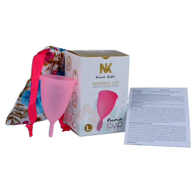 Coupe menstruelle rose en silicone médical taille L avec pochette fleurie et boîte, écologique et réutilisable.
