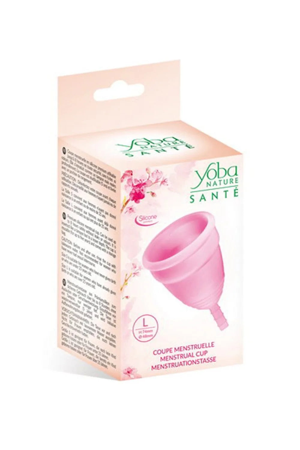 Coupe menstruelle rose silicone taille L, écologique, réutilisable, protection flux abondant, 12h, pochon inclus.