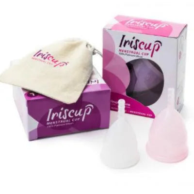 Coupe menstruelle en silicone chirurgical rose et blanche avec boîte, sac de stérilisation, écologique et réutilisable.