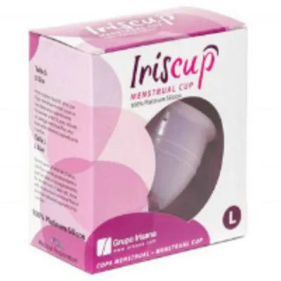 Coupe menstruelle IrisCup en silicone chirurgical, taille L, dans une boîte rose et blanche avec fenêtre transparente.